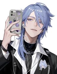 Rule 34 | 1boy, black jacket, black shirt, blue hair, earbuds, earphones, genshin impact, grey background, holding, holding phone, jacket, jewelry, kamisato ayato, long hair, looking at viewer, male focus, mole, mole under mouth, parted lips, phone, purple eyes, rexcassday, ring, shirt, solo, teeth, turtleneck, white shirt, wristband