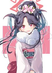 Rule 34 | 1girl, black hair, blue archive, flower, fur collar, fuuka (blue archive), fuuka (new year) (blue archive), hair bun, hair flower, hair ornament, halo, horns, japanese clothes, kimono, long hair, long sleeves, looking at viewer, nyou 0, obi, open mouth, pink background, pink eyes, sash, single hair bun, smile, solo, two-tone background, upper body, white background, white kimono, wide sleeves