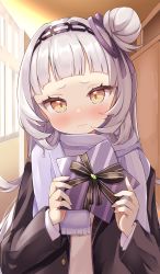 Rule 34 | 1girl, absurdres, black hairband, black jacket, blush, box, closed mouth, cocozasa, commentary request, day, fringe trim, frown, gift, gift box, hair bun, hair ribbon, hairband, highres, holding, holding gift, hololive, indoors, jacket, long hair, long sleeves, looking at viewer, murasaki shion, open clothes, open jacket, purple ribbon, purple scarf, ribbon, scarf, school uniform, single hair bun, skirt, solo, standing, star-shaped box, valentine, virtual youtuber, window, yellow eyes