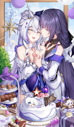 2girls absurdres arm_around_shoulder balloon bare_shoulders birthday birthday_cake cake chinese_commentary closed_eyes commentary_request detached_sleeves dress english_text evzeva food german_commentary highres honkai_(series) honkai_impact_3rd imminent_kiss kiana_kaslana kiana_kaslana_(apho) kiana_kaslana_(herrscher_of_finality) long_hair long_sleeves mixed-language_commentary multiple_girls open_mouth ponytail puckered_lips purple_hair raiden_mei raiden_mei_(apho) smile very_long_hair white_dress white_hair white_sleeves yuri