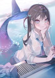 Rule 34 | 1girl, blue eyes, blush, brown hair, closed mouth, commentary, gradient eyes, head rest, highres, long hair, looking at viewer, mermaid, miwano rag, monster girl, multicolored eyes, necktie, original, partially submerged, pink eyes, pool, school uniform, see-through, see-through shirt, shirt, side ponytail, skirt, unworn skirt, smile, wet, wet clothes, wet shirt