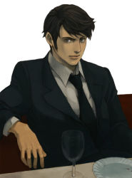 Rule 34 | 1boy, angry, brown eyes, brown hair, capcom, couch, cup, dan smith, plate, drinking glass, formal, grasshopper manufacture, killer7, male focus, necktie, neko q, sitting, solo, suit, wine glass
