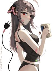 Rule 34 | 1girl, ahoge, artist name, bandaid, bandaid on arm, bandaid on face, black panties, black tank top, blunt bangs, brown hair, bug, cable, cup, ear piercing, electric plug, expressionless, from side, highres, holding, holding cup, insect, linux, looking at viewer, looking to the side, mole, mole under eye, moth, mug, nvidia, original, panties, piercing, red eyes, ringed eyes, spaghetti strap, tank top, underwear, underwear only, upper body, vickie (cryingrobot), vickie (cryingrobot) (character)