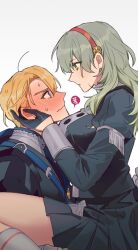 Rule 34 | 1boy, 1girl, blonde hair, blue capelet, blue eyes, blush, breasts, byleth (female) (fire emblem), byleth (fire emblem), capelet, couple, dimitri alexandre blaiddyd, enlightened byleth (female), fire emblem, fire emblem: three houses, from side, garreg mach monastery uniform, gloves, green eyes, hairband, half gloves, hand on another&#039;s cheek, hand on another&#039;s face, kkomcce, large breasts, long hair, looking at another, nintendo, parted hair, pleated skirt, sitting, sitting on person, skirt, sweat, thighs, wavy mouth