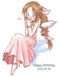 Rule 34 | 00s, 1990s (style), 1girl, 2003, aerith gainsborough, angel wings, bracelet, braid, brown hair, cropped jacket, dated, dress, final fantasy, final fantasy vii, green eyes, hair ornament, hair ribbon, hairband, happy birthday, heart, jewelry, long dress, lowres, pink dress, ponytail, ribbon, shadow, sleeveless, sleeveless dress, smile, solo, twin braids, wings