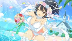 Rule 34 | 1girl, asuka (senran kagura), beach, bell, black hair, blue flower, blue rose, blue sky, blush, bouquet, bow, breasts, bridal lingerie, bride, brown eyes, church, cleavage, cloud, day, door, elbow gloves, flower, gloves, hair flower, hair ornament, hair ribbon, horizon, lace, large breasts, lingerie, looking at viewer, ocean, official alternate costume, official art, open mouth, outdoors, palm tree, panties, pink flower, pink rose, ponytail, red flower, red rose, ribbon, rose, sand, senran kagura, senran kagura new link, senran kagura shoujo-tachi no shin&#039;ei, short hair, sky, smile, solo, steeple, thigh strap, thighhighs, thighlet, tree, underwear, water, white bow, white gloves, white panties, white ribbon, white thighhighs, window, yaegashi nan, yellow flower, yellow rose