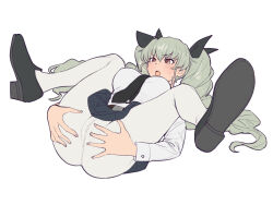 Rule 34 | 1girl, :o, anchovy (girls und panzer), anzio school uniform, ass, belt, black necktie, black ribbon, blue skirt, blush, breasts, crotch seam, drill hair, folded, girls und panzer, green hair, hair ribbon, highres, long hair, long sleeves, lying, m legs, medium breasts, necktie, on back, onsen tamago (hs egg), open mouth, pantyhose, pleated skirt, pussy, red eyes, ribbon, school uniform, shirt, simple background, skirt, solo, spread legs, spread pussy, twin drills, twintails, white background, white pantyhose, white shirt