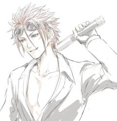 Rule 34 | 1boy, bad id, bad pixiv id, collarbone, earrings, final fantasy, final fantasy vii, final fantasy vii remake, goggles, goggles on head, grin, holding, holding weapon, jacket, jewelry, long sleeves, male focus, mondi hl, over shoulder, partially unbuttoned, pectorals, red hair, reno (ff7), shirt, simple background, sketch, smile, solo, spiked hair, spot color, teeth, upper body, weapon, weapon over shoulder, white background