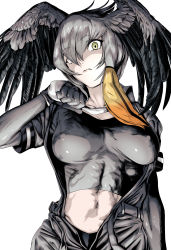 Rule 34 | 1girl, absurdres, akegata tobari, arm at side, arm up, belt, bird wings, black gloves, black hair, blonde hair, breasts, closed mouth, commentary request, covered erect nipples, feathered wings, fingerless gloves, gloves, green eyes, grey background, grey hair, grey necktie, grey shirt, grey shorts, hair between eyes, head wings, highres, holding necktie, kemono friends, large breasts, layered sleeves, lips, long hair, long sleeves, looking at viewer, midriff, multicolored hair, navel, necktie, open belt, open clothes, open fly, open shirt, open shorts, orange hair, shirt, shoebill (kemono friends), short over long sleeves, short sleeves, shorts, side ponytail, simple background, skin tight, solo, staring, stomach, toned, undershirt, undone necktie, undressing, upper body, wide-eyed, wings