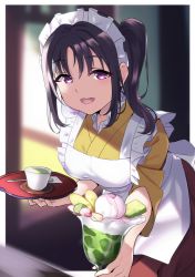 Rule 34 | 1girl, :d, apron, black hair, blurry, blurry background, commentary request, cup, food, highres, holding, holding tray, ice cream, japanese clothes, kazuno sarah, kimono, leaning forward, looking at viewer, love live!, love live! sunshine!!, maid headdress, open mouth, purple eyes, saucer, side ponytail, sidelocks, smile, solo, spoon, sundae, teacup, tray, waitress, white apron, yamaori (yamaorimon), yellow kimono