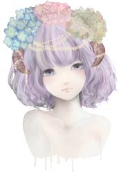 Rule 34 | 1girl, abstract, absurdres, clockrabbit1865, close-up, closed eyes, cropped torso, flower, grey eyes, hair flower, hair ornament, head tilt, head wreath, highres, horn ornament, horns, hydrangea, looking at viewer, nude, original, pink lips, purple hair, short hair, simple background, solo, white background