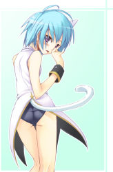 Rule 34 | 00s, 1girl, animal ears, ass, blue hair, blush, broccoli (company), cat ears, cat tail, galaxy angel, galaxy angel rune, gradient background, jirou (chekoro), looking at viewer, looking back, nano-nano pudding, short hair, simple background, solo, tail, tongue, tongue out, uniform