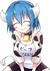 Rule 34 | 1girl, absurdres, animal print, bell, black skirt, blue hair, blush, breasts, cleavage, closed eyes, cow girl, cow horns, cow print, cow tail, cowbell, highres, horns, jacket, jashin-chan dropkick, large breasts, minos (jashin-chan dropkick), neck bell, print jacket, shirt, short hair, simple background, skirt, smile, solo, tail, track jacket, white background, white shirt, yuuki shushu