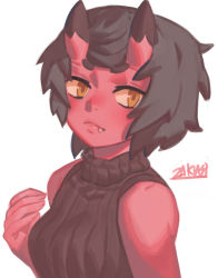 Rule 34 | 1girl, bare shoulders, brown hair, brown sweater, character name, closed mouth, colored skin, commentary, english commentary, fang, fang out, horns, kidouko (zakusi), looking at viewer, oni horns, original, red skin, ribbed sweater, short hair, simple background, solo, sweater, upper body, white background, yellow eyes, zakusi
