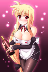 Rule 34 | 1girl, alcohol, blonde hair, blush, bottle, breasts, cleavage, cosplay, detached sleeves, dream c club, dream c club (series), fate testarossa, large breasts, long hair, low-tied long hair, lyrical nanoha, mahou shoujo lyrical nanoha, mahou shoujo lyrical nanoha strikers, maid, narutaki shin, pantyhose, parody, red eyes, smile, solo, very long hair, wine