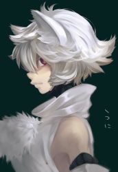 Rule 34 | 1girl, albino, animal ears, armpits, black background, detached sleeves, from side, highres, inubashiri momiji, looking at viewer, namauni, no headwear, pom pom (clothes), portrait, profile, red eyes, shirt, short hair, simple background, solo, text focus, touhou, turtleneck, upper body, white hair, wolf ears
