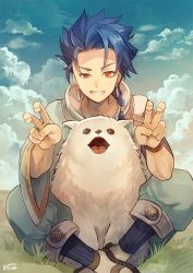 Rule 34 | 1boy, animal, asymmetrical hair, blue hair, blue sky, bracelet, braid, braided ponytail, closed mouth, cu chulainn (fate), dog, earrings, fang, fate/grand order, fate/grand order arcade, fate (series), fur, grass, grin, jewelry, crossed legs, long hair, male focus, puppy, red eyes, ro (pixiv34009774), sandals, setanta (fate), sky, slit pupils, smile, v