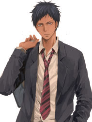 Rule 34 | &gt;:(, 1boy, aomine daiki, bag, blue eyes, blue hair, blue jacket, chinese commentary, closed mouth, dark-skinned male, dark skin, frown, holding, holding bag, jacket, kuroko no basuke, looking at viewer, male focus, necktie, school uniform, shirt, short hair, simple background, solo, v-shaped eyebrows, white background, white shirt, xuan zhi yue ying