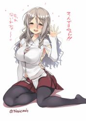 Rule 34 | 1girl, armpits, between breasts, blush, breasts, brown eyes, drink, grey hair, kantai collection, long hair, long sleeves, looking at viewer, medium breasts, miniskirt, open mouth, pantyhose, pola (kancolle), red skirt, salute, shirt, sitting, skirt, smile, solo, takase muh, wavy hair, white background, white shirt