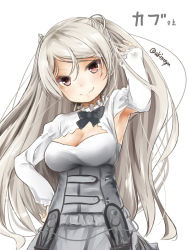 Rule 34 | 1girl, akino shuu, armpits, blush, breasts, brown eyes, cleavage, cleavage cutout, closed mouth, clothing cutout, conte di cavour (kancolle), dress, grey hair, kantai collection, large breasts, long hair, long sleeves, simple background, smile, solo, twitter username, upper body, white background, white dress