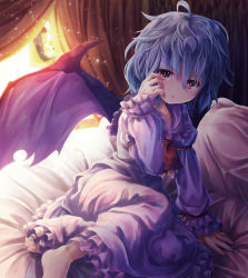 Rule 34 | 1girl, ahoge, alternate costume, arm support, ascot, barefoot, bat wings, bed, blue hair, dress, female focus, hand on own face, indoors, niichi (komorebi-palette), no headwear, no headwear, on bed, pajamas, pillow, red eyes, remilia scarlet, ribbon, short hair, sitting, solo, touhou, window, wings