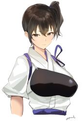 Rule 34 | 1girl, absurdres, brown eyes, brown hair, closed mouth, cropped arms, cropped torso, hair between eyes, highres, japanese clothes, kaga (kancolle), kantai collection, long hair, muneate, porroll, short sleeves, side ponytail, simple background, solo, tasuki, twitter username, upper body, white background