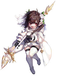 Rule 34 | 1girl, absurdres, belt, black gloves, boots, brown hair, chinese commentary, coat, commentary request, fangs, final fantasy, final fantasy xiv, flower, frills, full body, gloves, hair between eyes, hair flower, hair ornament, heichuan mocha naigaita, highres, holding, holding staff, hood, hood down, hooded coat, lalafell, leaf, leg up, leotard, leotard under clothes, looking to the side, medium hair, open mouth, pointy ears, red eyes, rose, shoulder belt, side ponytail, simple background, skindentation, solo, staff, standing, standing on one leg, thigh boots, warrior of light (ff14), white background, white coat, white flower, white footwear, white mage (final fantasy), white rose, wrist cuffs