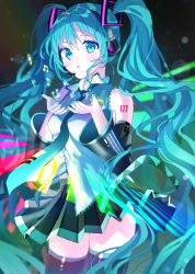 Rule 34 | 1girl, absurdres, aqua eyes, aqua hair, bare shoulders, black skirt, black thighhighs, blue eyes, breasts, cowboy shot, cupping hands, detached sleeves, hair ornament, hatsune miku, headphones, highres, kappe reeka, long hair, long sleeves, looking at viewer, medium breasts, microphone, musical note, nail polish, necktie, number tattoo, open mouth, own hands together, piano keys, pleated skirt, rainbow gradient, shirt, skirt, solo, tattoo, thighhighs, twintails, very long hair, vocaloid