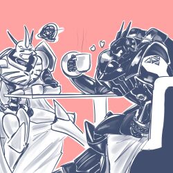 Rule 34 | 2others, alphamon, armor, cape, coffee cup, cup, digimon, digimon (creature), disposable cup, highres, multiple others, omegamon