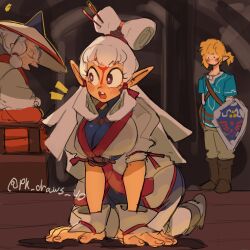 Rule 34 | 1boy, 2girls, all fours, blush, breasts, brown eyes, cleavage, embarrassed, expressionless, facial mark, forehead mark, grandmother and granddaughter, hair ornament, hair stick, hair tubes, highres, impa, large breasts, link, long hair, multiple girls, nintendo, old, old woman, paya (zelda), pk draws 40, pointy ears, sheikah, the legend of zelda, the legend of zelda: breath of the wild, white hair, wrinkled skin
