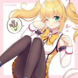 Rule 34 | 1girl, ;3, animal ears, animen, bare shoulders, black thighhighs, blonde hair, blush, bow, closed mouth, detached sleeves, eco (animen), frilled sleeves, frilled thighhighs, frills, green eyes, hair between eyes, hands up, headgear, heart, hitsuki rei, long hair, long sleeves, one eye closed, orange bow, orange skirt, plaid, plaid skirt, pleated skirt, shirt, skirt, sleeveless, sleeveless shirt, solo, thighhighs, translation request, twintails, white shirt