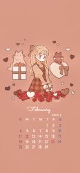 Rule 34 | 1girl, absurdres, animal, artist name, blonde hair, bow, brown bow, brown dress, calendar (medium), candy, cat, chocolate, chocolate heart, closed mouth, dot mouth, dress, expressionless, february, flower, food, gift, hair bow, heart, highres, holding, holding gift, long hair, long sleeves, looking at viewer, messy hair, necono naco, no nose, original, pastel colors, pinafore dress, pink background, pink eyes, plaid, plaid dress, red flower, red rose, rose, signature, simple background, sleeveless, sleeveless dress, solo, sweater, yellow sweater