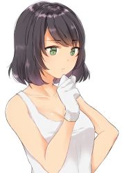 Rule 34 | 10s, 1girl, black hair, breasts, cleavage, clenched hand, closed mouth, collarbone, commentary, dark-skinned female, dark skin, girls und panzer, gloves, green eyes, hand on own chin, hoshino (girls und panzer), light frown, looking to the side, mechanic, medium breasts, shirt, short hair, simple background, solo, standing, tam a mat, tank top, upper body, white background, white gloves, white shirt