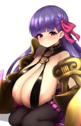 Rule 34 | 1girl, areola slip, bare shoulders, belt collar, black pantyhose, blunt bangs, blush, breast rest, breasts, choker, claw (weapon), claws, cleavage, closed mouth, clothing cutout, collar, fate/extra, fate/extra ccc, fate (series), feet out of frame, gauntlets, gigantic breasts, hair ribbon, highres, long hair, looking at viewer, o-ring, o-ring top, pantyhose, passionlip (fate), pink eyes, pink ribbon, puffy shorts, purple hair, raised eyebrows, revealing clothes, ribbon, shorts, shortstack, sitting, solo, wariza, watari1118, weapon