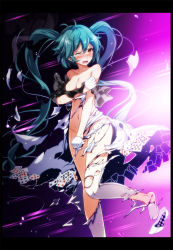 Rule 34 | 1girl, animal ears, aqua hair, bare arms, bare shoulders, black border, black hat, blush, border, breasts, card, cleavage, collarbone, covering breasts, covering privates, dress, fake animal ears, gloves, gradient background, grey legwear, groin, half gloves, hat, hatsune miku, high heels, highres, leg up, long hair, looking to the side, medium breasts, messy hair, navel, nose blush, one eye closed, open mouth, orange eyes, outstretched arms, playing card, project diva (series), purple background, rabbit ears, seamed legwear, side-seamed legwear, sleeveless, sleeveless dress, solo, standing, standing on one leg, sweat, top hat, torn clothes, torn dress, torn legwear, tsukishiro saika, unworn hat, unworn headwear, v-shaped eyebrows, very long hair, vocaloid, white dress, white footwear, white gloves
