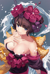 Rule 34 | 1girl, animal, bare shoulders, bird, blue eyes, breasts, brown hair, closed mouth, collarbone, commentary request, fate/grand order, fate (series), finger to mouth, flower, from above, hair flower, hair ornament, hairpin, heart, highres, holding, japanese clothes, katsushika hokusai (fate), kimono, komi (komiking), looking at viewer, medium breasts, obi, off shoulder, purple flower, red flower, sash, short hair, smile, solo, standing, water