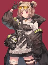 Rule 34 | 1girl, absurdres, breasts, buckle, choker, collarbone, commission, double bun, gas mask, girls&#039; frontline, gloves, hair bun, highres, light brown hair, mask, medium breasts, mnetyara, p90 (girls&#039; frontline), pixiv commission, red eyes, short hair, snap-fit buckle