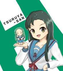 Rule 34 | 2girls, :3, :d, belt, blue sailor collar, blue skirt, character name, chibi, churuya, collarbone, commentary request, fang, forehead, green eyes, green hair, h, hand on own hip, highres, kita high school uniform, korean commentary, long hair, long sleeves, looking at viewer, mini person, minigirl, mintchoco (minchothudong), multiple girls, open mouth, red ribbon, ribbon, sailor collar, school uniform, serafuku, skirt, smile, solo, suzumiya haruhi no yuuutsu, tsuruya, upper body, white background