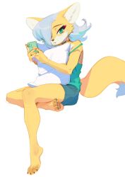Rule 34 | 1girl, animal ear fluff, animal ears, animal feet, animal hands, animal nose, aqua shorts, asymmetrical bangs, bare shoulders, barefoot, black choker, blue hair, blush, body fur, cellphone, choker, claws, crossed legs, expressionless, feet, female focus, fox ears, fox girl, fox tail, full body, furry, furry female, green eyes, green shirt, hair over one eye, hands up, highres, holding, holding phone, hugging object, inuki (aruurara), invisible chair, legs, light blush, looking at viewer, one eye covered, original, own hands together, parted lips, pawpads, phone, pillow, pillow hug, shirt, short hair, short shorts, shorts, simple background, sitting, sketch, sleeveless, sleeveless shirt, smartphone, solo, spaghetti strap, strap slip, tail, two-tone fur, white background, white fur, yellow fur