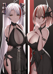 Rule 34 | 2girls, alternate costume, antenna hair, armlet, arms behind back, azur lane, bad id, bad pixiv id, bare shoulders, black dress, blonde hair, blush, breasts, brown eyes, cleavage, closed mouth, collarbone, dress, earrings, hair between eyes, hair ribbon, hand up, headgear, highres, jewelry, large breasts, long hair, looking at viewer, mole, mole on breast, multicolored hair, multiple girls, open mouth, orange eyes, prinz eugen (azur lane), prinz eugen (cordial cornflower) (azur lane), red hair, revision, ribbon, roon (azur lane), roon (dark red grin) (azur lane), short hair, silver hair, siu (siu0207), standing, streaked hair, swept bangs, thighlet, two side up, very long hair