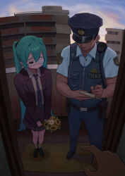 1boy 1girl absurdres aqua_hair black_footwear black_jacket black_skirt blue_necktie blue_pants blue_vest bouquet doorway eyepatch fatzhai flower hat hatsune_miku highres holding holding_bouquet holding_pen jacket long_hair long_sleeves medical_eyepatch monitoring_(vocaloid) necktie pants pen police police_badge police_hat police_uniform policeman pov shirt short_sleeves skirt socks tearing_up twintails very_long_hair vest vocaloid walkie-talkie white_shirt writing