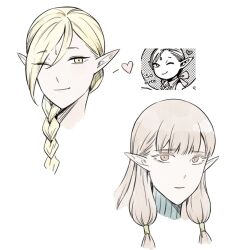Rule 34 | 2girls, blonde hair, braid, braided ponytail, braided ponytail elf (dungeon meshi), chinese commentary, closed mouth, cropped shoulders, dungeon meshi, elf, grey eyes, grey hair, hair behind ear, hair between eyes, hair over shoulder, hair tubes, heart, irithyll8157351, long hair, looking at viewer, low-tied sidelocks, milsiril (dungeon meshi), multiple girls, one eye closed, pointy ears, red eyes, reference inset, sidelocks, simple background, single braid, smile, white background, yellow eyes