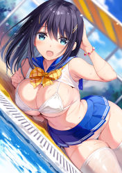 Rule 34 | 1girl, :o, arm up, armpits, bare arms, bare shoulders, bikini, black hair, blue eyes, blue skirt, blurry, bow, bowtie, bracelet, breasts, cleavage, commentary, crop top, day, depth of field, dutch angle, groin, highres, jewelry, large breasts, long hair, looking at viewer, lying, microskirt, navel, on side, open mouth, original, oryo (oryo04), outdoors, pleated skirt, poolside, revealing clothes, sailor collar, school uniform, serafuku, shirt, skirt, sleeveless, sleeveless shirt, solo, stomach, string bikini, swimsuit, thigh gap, thighhighs, water, wet, white bikini, white shirt, white thighhighs