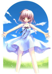 Rule 34 | 1girl, artist request, bare legs, black ribbon, blue dress, blue sky, blush, brown eyes, cloud, collarbone, cropped legs, day, dress, female focus, field, looking at viewer, open mouth, original, outdoors, outstretched arms, pink hair, plant, ribbon, see-through silhouette, short hair, silver hair, sky, sleeveless, sleeveless dress, smile, solo, standing, sundress, wind