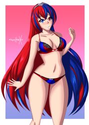 Rule 34 | 1girl, absurdres, alear (female) (fire emblem), alear (fire emblem), bikini, breasts, cleavage, female focus, fire emblem, fire emblem engage, heterochromia, highres, looking at viewer, medium breasts, nintendo, red and blue eyes, red and blue hair, solo, sonicheroxd, swimsuit