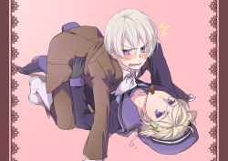 Rule 34 | 2boys, ahoge, axis powers hetalia, blonde hair, blush, candy, chocolate, chocolate heart, esemimi-fever, food, food in mouth, full body, gloves, hat, heart, iceland (hetalia), lying, male focus, multiple boys, norway (hetalia), on person, purple eyes, sailor, sailor hat, ^^^, wavy mouth, yaoi