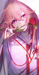 Rule 34 | 1girl, artist name, blush, bright pupils, dress, flower, genshin impact, hair between eyes, highres, holding, holding flower, japanese clothes, parted lips, pink eyes, pink hair, pistachiocream, red flower, red ribbon, red rose, ribbon, rose, slit pupils, solo, teeth, traditional clothes, upper body, wedding dress, white pupils, yae miko