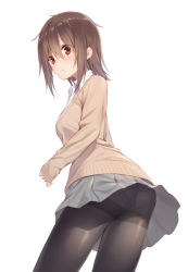 Rule 34 | 1girl, ass, black pantyhose, blush, brown eyes, brown hair, cardigan, commentary request, from behind, hair between eyes, looking at viewer, looking back, matching hair/eyes, messy hair, mikazuchi zeus, original, panties, panties under pantyhose, pantyhose, pantyshot, pleated skirt, school uniform, shirt, short hair, simple background, skirt, sleeves past wrists, solo, standing, thighband pantyhose, underwear, upskirt, white background, white panties, white shirt, wind, wind lift