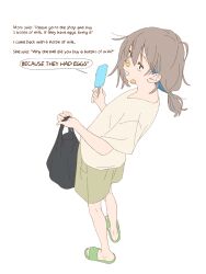 Rule 34 | 1girl, absurdres, bag, bandaid, bandaid on cheek, bandaid on face, bandaid on nose, black eyes, blue hair, colored inner hair, do it yourself!!, english text, food, from side, full body, green shorts, hair behind ear, hands up, highres, holding, holding bag, holding food, holding popsicle, leaning back, looking at viewer, looking to the side, low ponytail, maring song, messy hair, multicolored hair, open mouth, popsicle, sandals, sanpaku, shirt, short ponytail, short sleeves, shorts, simple background, smile, solo, speech bubble, standing, white background, white shirt, yua serufu