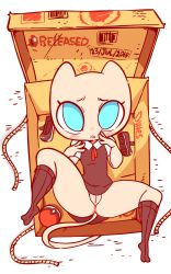 Rule 34 | 1girl, animal ears, animated, animated gif, artist name, between legs, black dress, black footwear, black socks, blue eyes, blush, box, cat ears, cat tail, character name, cleft of venus, clitoris, covering privates, covering crotch, creatures (company), diives, dress, embarrassed, english text, female focus, full body, furry, furry female, game freak, gen 1 pokemon, hand between legs, highres, in box, in container, kneehighs, knees together feet apart, legendary pokemon, looking at viewer, lying, mew (pokemon), mythical pokemon, nintendo, no panties, on back, open mouth, own hands together, patreon logo, personification, poke ball, poke ball (basic), pokemon, pokemon (creature), pussy, rope, school uniform, shirt, shoes, unworn shoes, short sleeves, signature, simple background, sleeveless, sleeveless dress, socks, solo, spread legs, tail, text focus, uncensored, upskirt, v arms, white background, white shirt